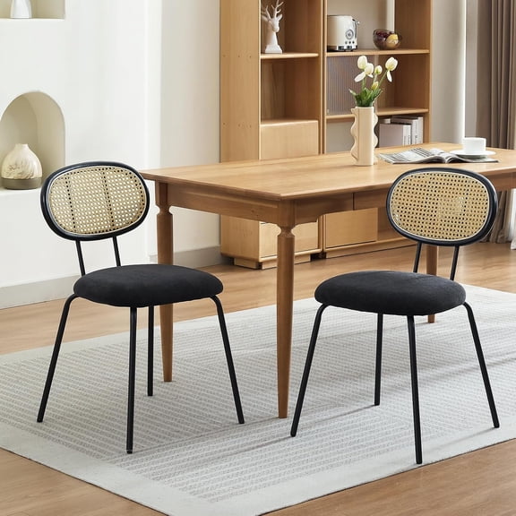 Rattan Dining Chairs Set of 2, Mid Century Dining Room Chairs with Metal Legs, Modern Velvet Upholstered, Mesh Back Cane Kitchen Chair for Dining Room, Kitchen, Living Room, Black