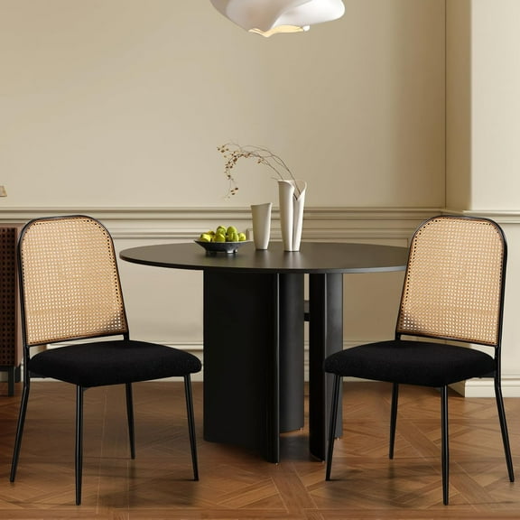 Rattan Dining Chairs Set of 2, Mid Century Modern Dining Chairs Upholstered Boucle Kitchen Chairs, Armless Mesh Back Cane Chairs with Metal Gold Legs for Kitchen, Dining Room, Black