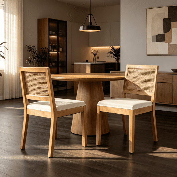 Rattan Dining Chairs Set of 2, Mid Century Modern Farmhouse Side Chairs, Solid Hardwood Frame Cane Back Kitchen Chairs with S-Spring Sponge Linen Cushion