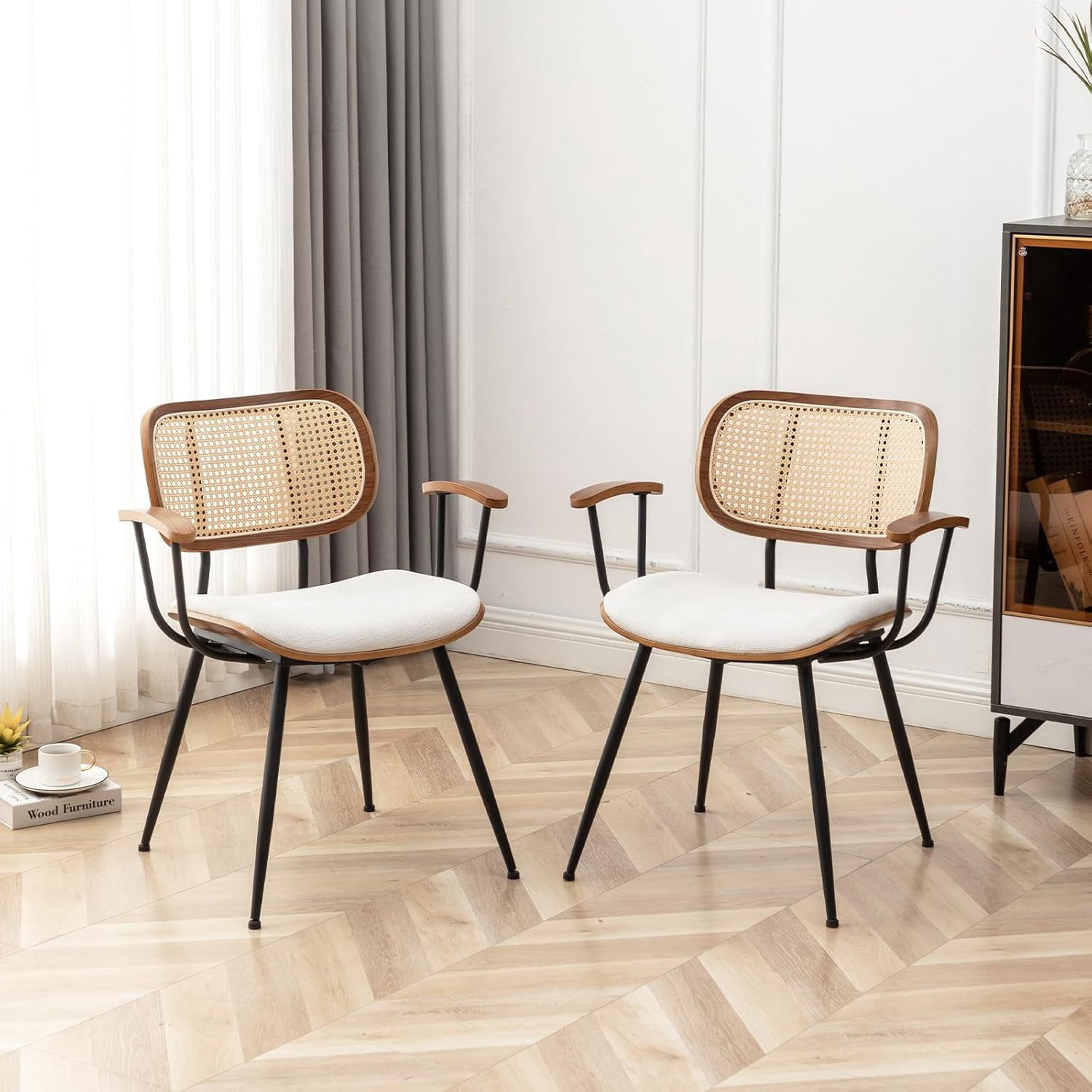 Beige Rattan Linen Rattan Dining Chairs Set of 2, Mid Century Modern Kitchen Side Chair ...