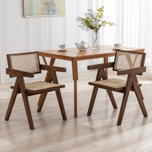 Rattan Dining Chairs Set of 2, Mid Century Modern Wicker Kitchen Chair with Cane Back Comfy Accent Armchair for Kitchen Dining Room Living Room, Walnut