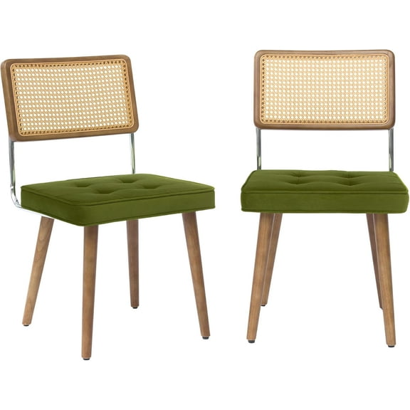 Rattan Dining Chairs Set of 2, Upholstered Kitchen Chairs with Natural Handwoven Rattan Cane Back and Upholstered Velvet Fabric, Vintage Chairs for Dining Room, Kitchen, Restaurant, Green