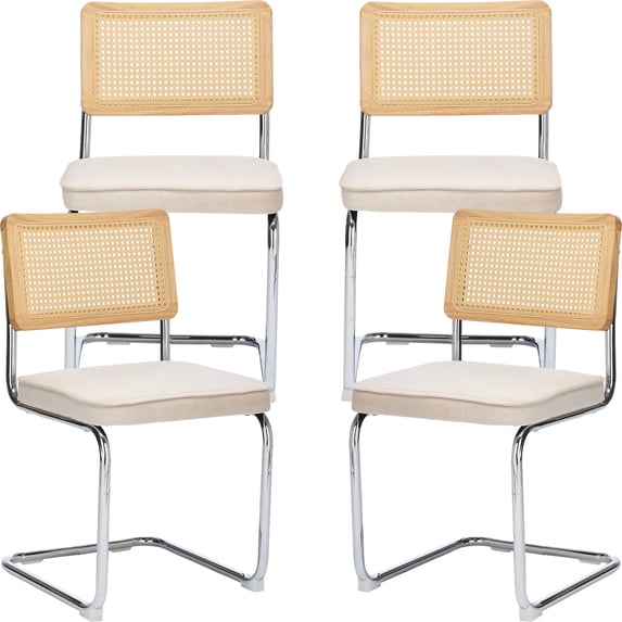 Rattan Dining Chairs Set of 4, Beige Velvet Upholstered Kitchen & Dining Room Chairs Set of 4, Kitchen Table Chairs Set of 4, Sillas de Comedor, Cane Back, Chrome Metal Frame (Beige, 4 Pcs)