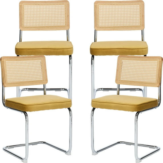 Rattan Dining Chairs Set of 4, Yellow Velvet Upholstered Kitchen & Dining Room Chairs Set of 4, Kitchen Table Chairs Set of 4, Sillas de Comedor, Cane Back, Chrome Metal Frame (Yellow, 4 Pcs)