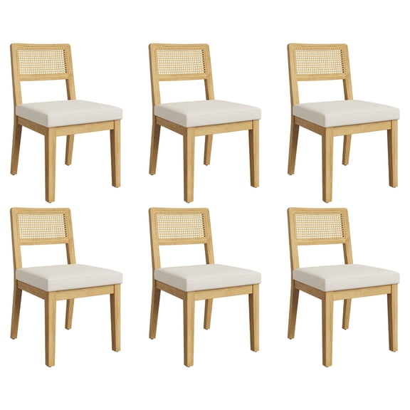 Rattan Dining Chairs Set of 6, French Country Kitchen Chairs with Rattan Back, Modern Mid Century Dining Room Chair with Wooden Legs for Dining Room/Kitchen/Bedroom/Living Room, Natural