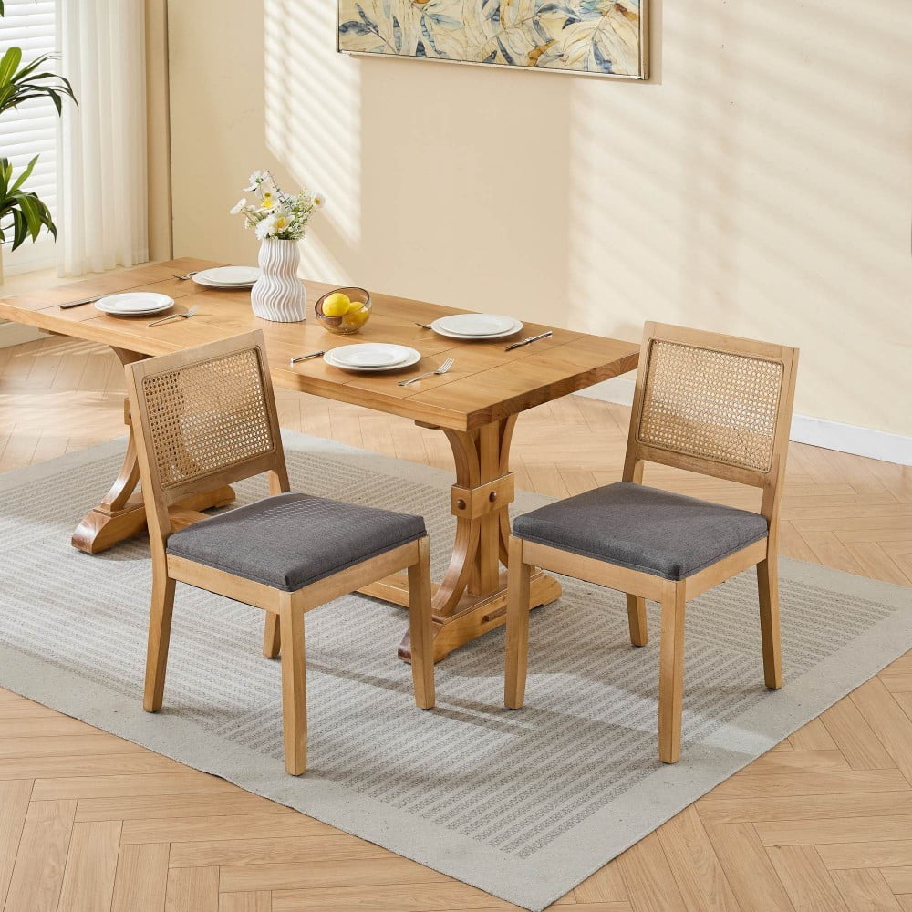 Rattan Dining Chairs Set of 2, Farmhouse Mid Century Modern Kitchen Chairs with Cane Backrest, Linen Upholstered Seat, Solid Wood Frame, Gray