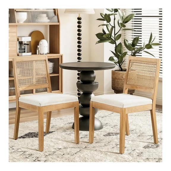 Rattan Dining Chairs Set of 2, French Country Cane Back Upholstered Kitchen Chairs, Solid Wood Farmhouse Side Chairs, Beige