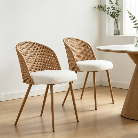 Dining Chairs Set of 2, LEGAHOME Farmhouse Rattan Dining Room Chairs with Rattan Backrest, Upholstered Kitchen Chairs Set of 2 with Cane Back & Metal Legs, Brown
