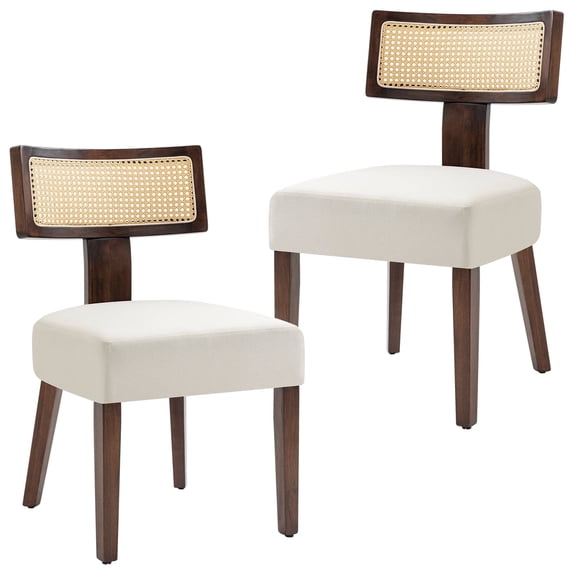 Rattan Dining Chairs Set of 2, Modern Kitchen Dining Room Chair with Curved Cane Back & Hardwood Frame in Walnut Finish, Cream Linen Upholstered