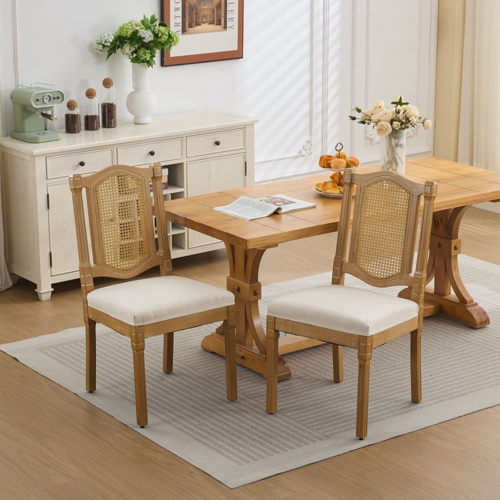 Rattan Dining Chairs Set of 2, Solid Wood Kitchen Chairs with High Rattan Backrest, Matte Linen Cushion, Foam & S-Springs, Beige