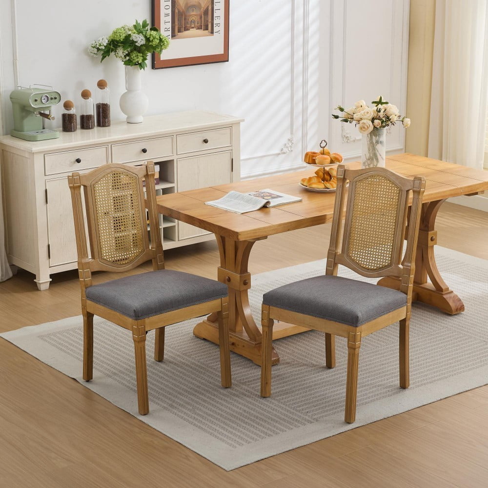 Rattan Dining Chairs Set of 2, Solid Wood Kitchen Chairs with High Rattan Backrest, Matte Linen Cushion, Foam & S-Springs, Gray