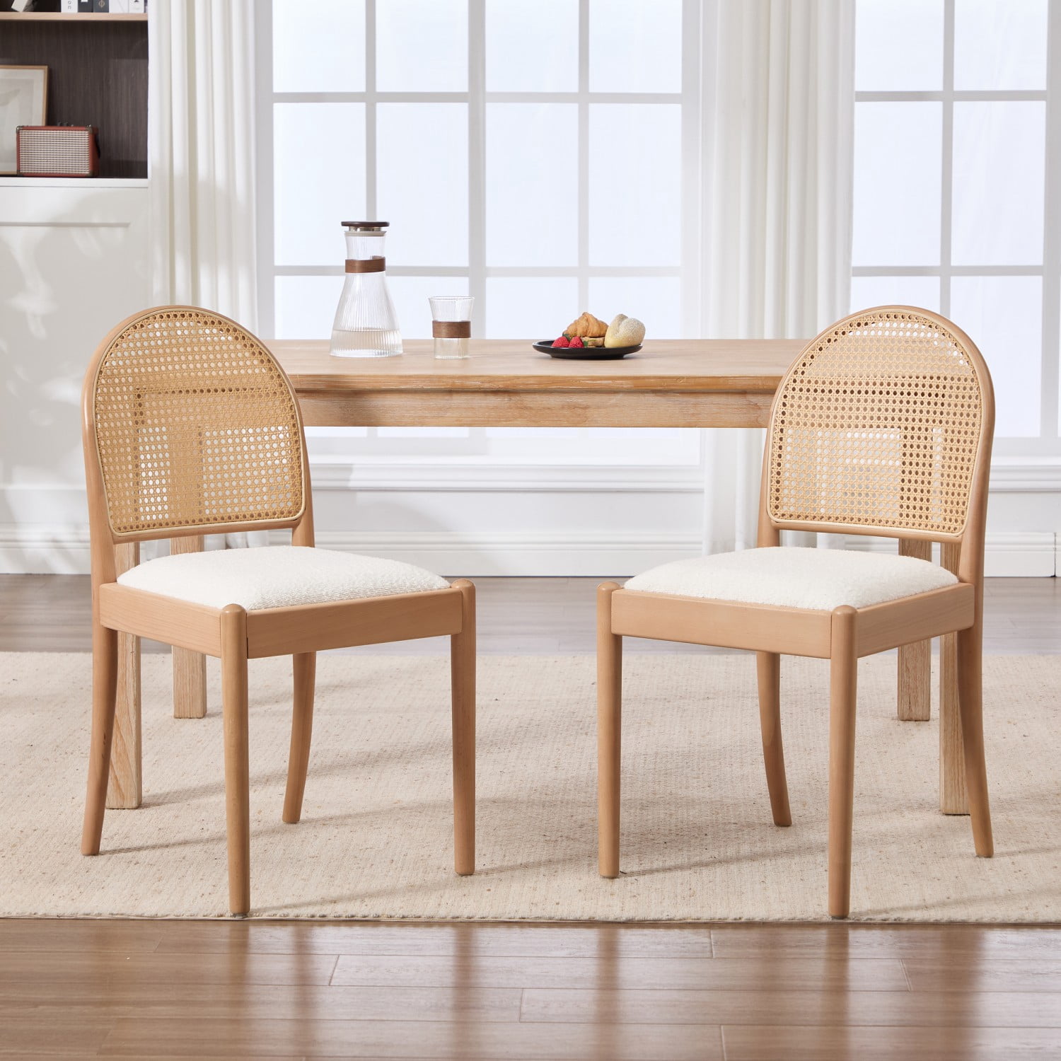 Rattan Dining Chairs Set of 2 Upholstered Linen Dining Room Chairs with Wood Legs & Backrests, Modern Kitchen Side Chairs for Dining Room, Beige