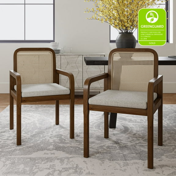 Rattan Dining Chairs Set of 2 Wooden Armchairs Removable Cushion Home Kitchen Restaurant Acorn