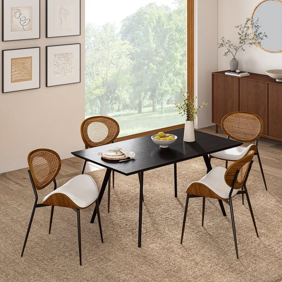 Rattan Dining Chairs Set of 4 Faux Leather Side Chair Mid-Century Metal Legs Home Kitchen Restaurant Beige
