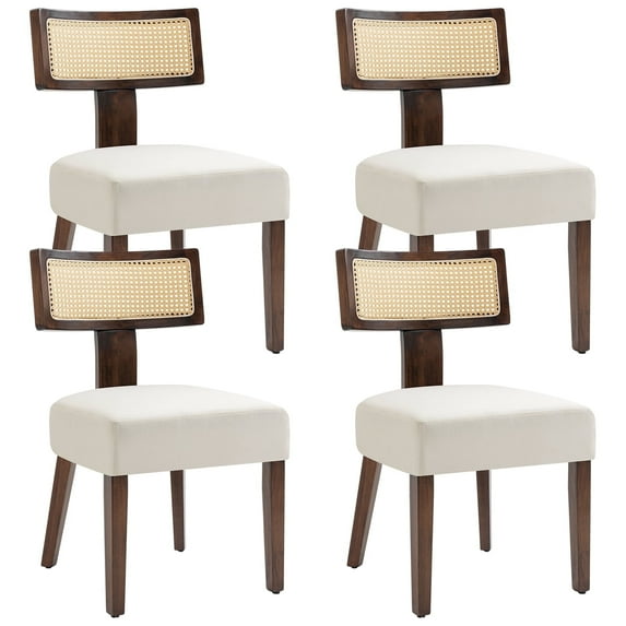 Rattan Dining Chairs Set of 4, Modern Kitchen Dining Room Chair with Curved Cane Back & Hardwood Frame in Walnut Finish, Cream Linen Upholstered