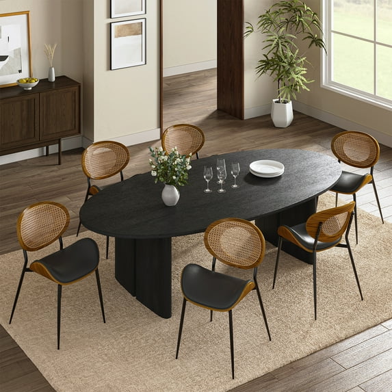 Rattan Dining Chairs Set of 6 Mid-Century Faux Leather Side Chairs Metal Legs Kitchen Restaurant Black