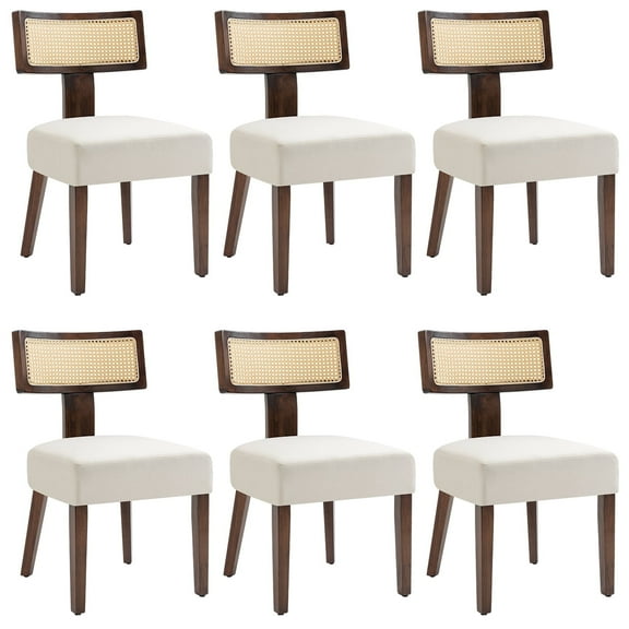 Rattan Dining Chairs Set of 6, Modern Kitchen Dining Room Chair with Curved Cane Back & Hardwood Frame in Walnut Finish, Cream Linen Upholstered