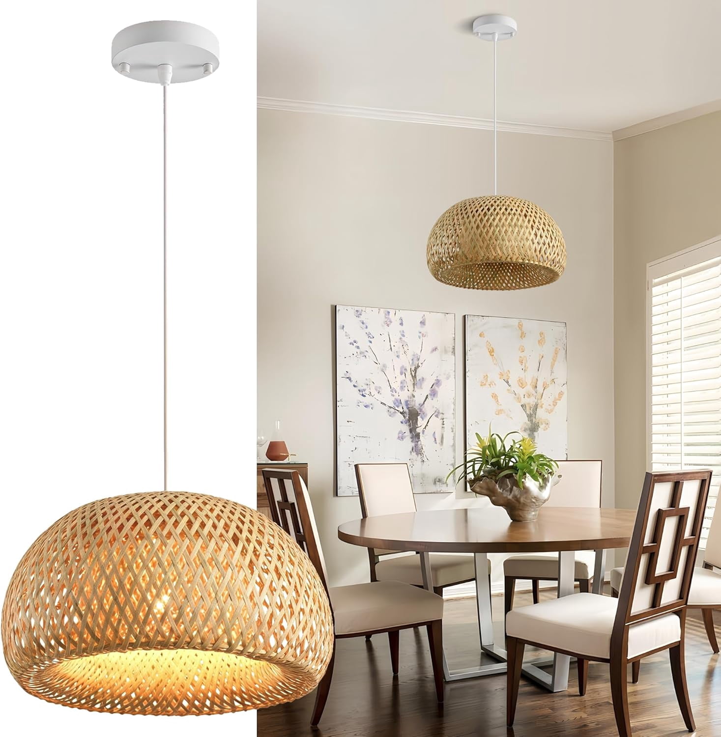 2-Pack Rattan Pendant Lights, 11.02" Boho Seagrass Chandeliers, Hand Woven Natural Hanging Lights For Kitchen, Dining, Living Room