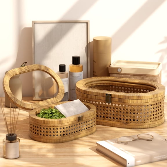 Rattan Display Box,Boho Oval Decorative Storage Boxes with Clear Lid,Set of 2 Woven Wicker Natural Finish Keepsake Boxes for Rustic Farmhouse for Home Decor