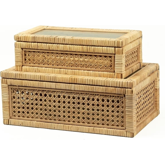 Rattan Display Box with Lid Rectangular Stackable Decorative Storage Box Set Natural Rattan Cedar and Real Glass