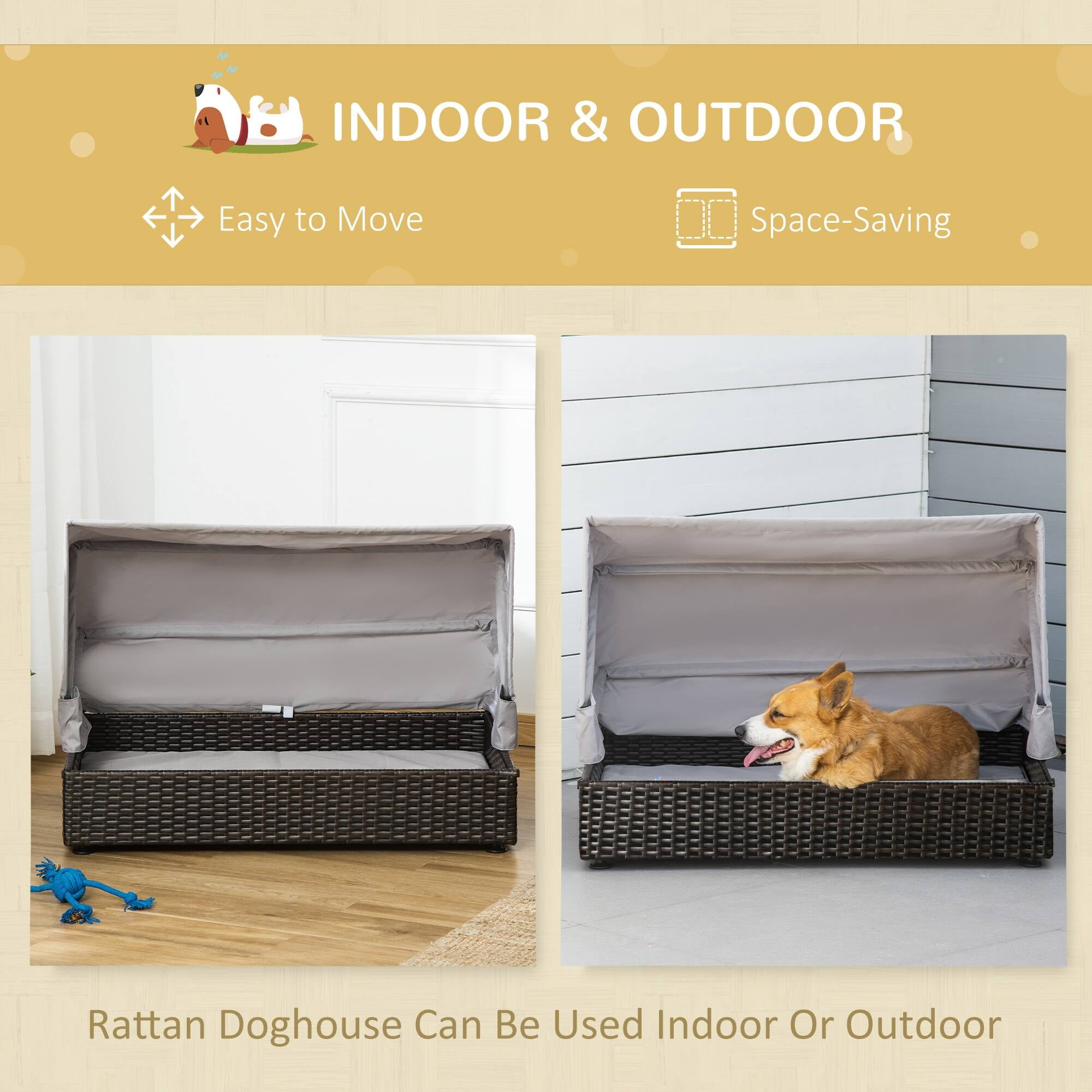 Elevated Brown Rattan Dog Bed with Waterproof Roof