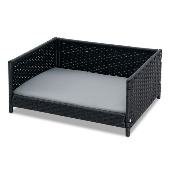 Rattan Dog Bed with Waterproof Cushion for Small Medium Dogs Cats - Grey Wicker Pet Bed for Indoor Outdoor Use, Elevated Design, 24.5" x 18" x 10", 66lbs Capacity