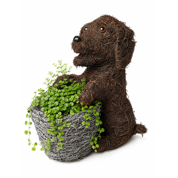 Rattan Dog Planter Basket Brown Wicker Puppy Flower Pot Holder W Plastic Liner Indoor Outdoor Garden Decor Flowers Succulents Plants 11 Inch Tall