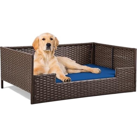 Rattan Dog Sofa Bed with Cushion, Wicker Pet Bed Sofa Couch Indoor Outdoor Waterproof for Large Medium Small Dogs Cats (38.6''L*26.4''W*15''H,Blue)