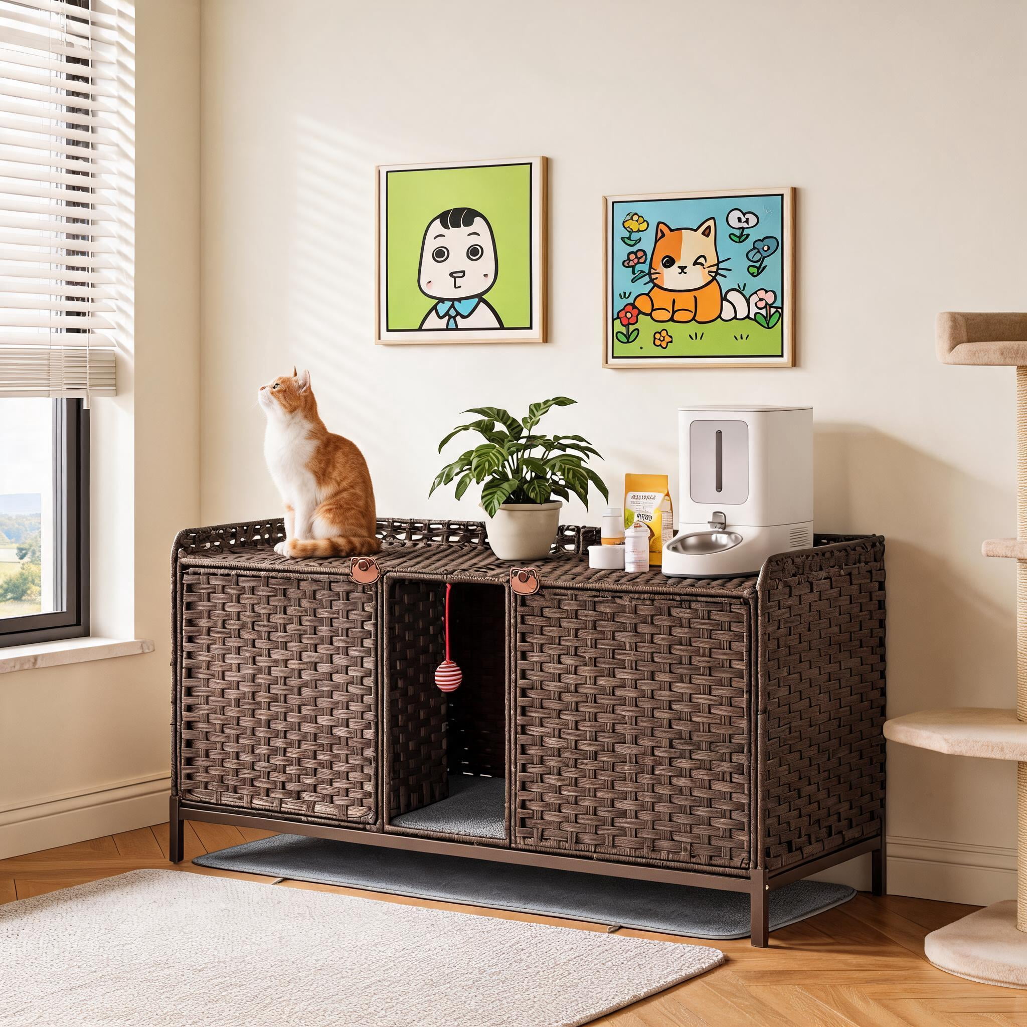 Rattan Double Cat Litter Box Enclosure - Hidden Cabinet for 2 Cats with Removable Mat, Play Game & S-Shaped Hooks - Large Decorative Cat Washroom Furniture for Living Room or Bedroom - Brown