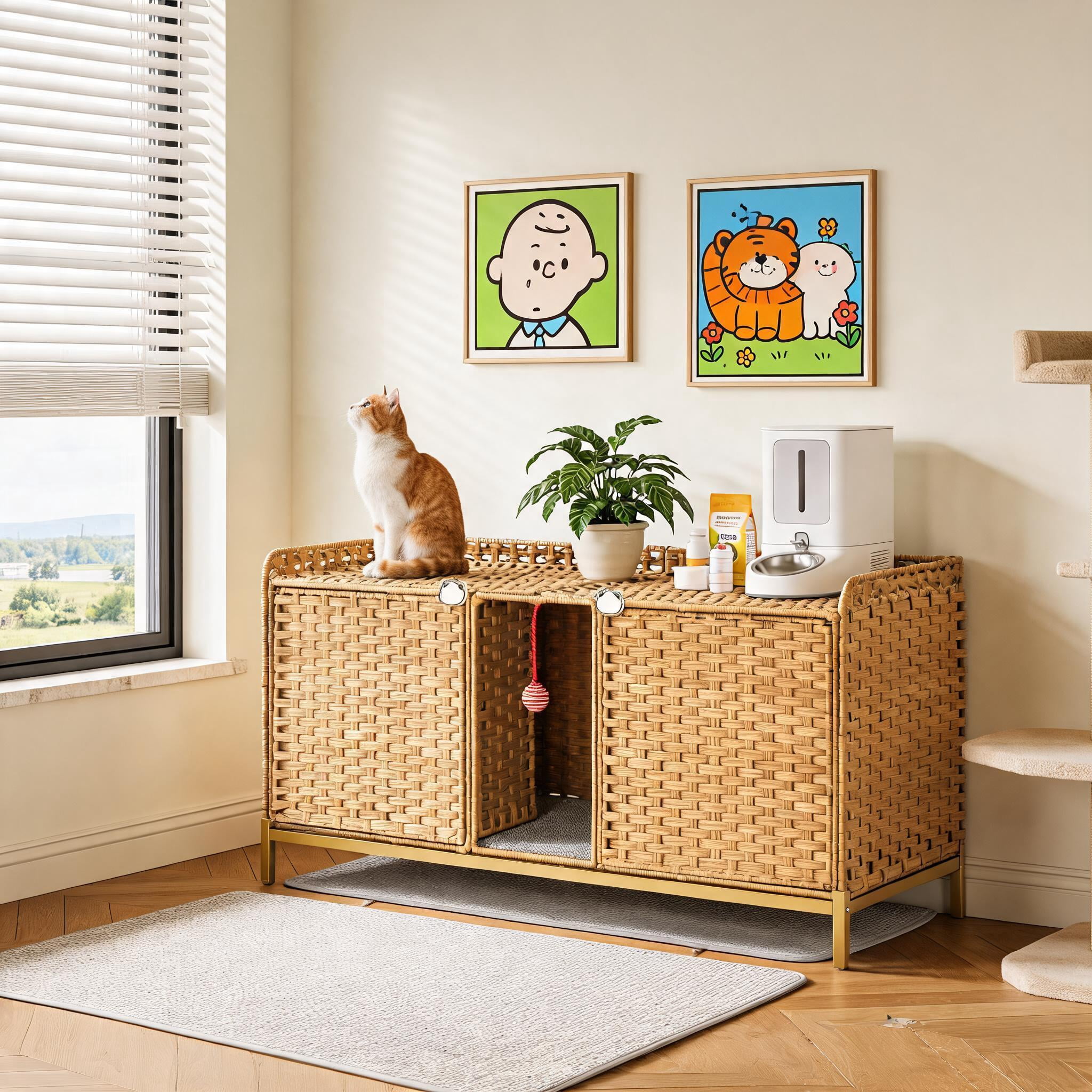 Rattan Double Cat Litter Box Enclosure - Hidden Cabinet for 2 Cats with Removable Mat, S-Shaped Hooks & Play Game - Decorative Large Cat Washroom Furniture for Living Room or Bedroom - Natural Color