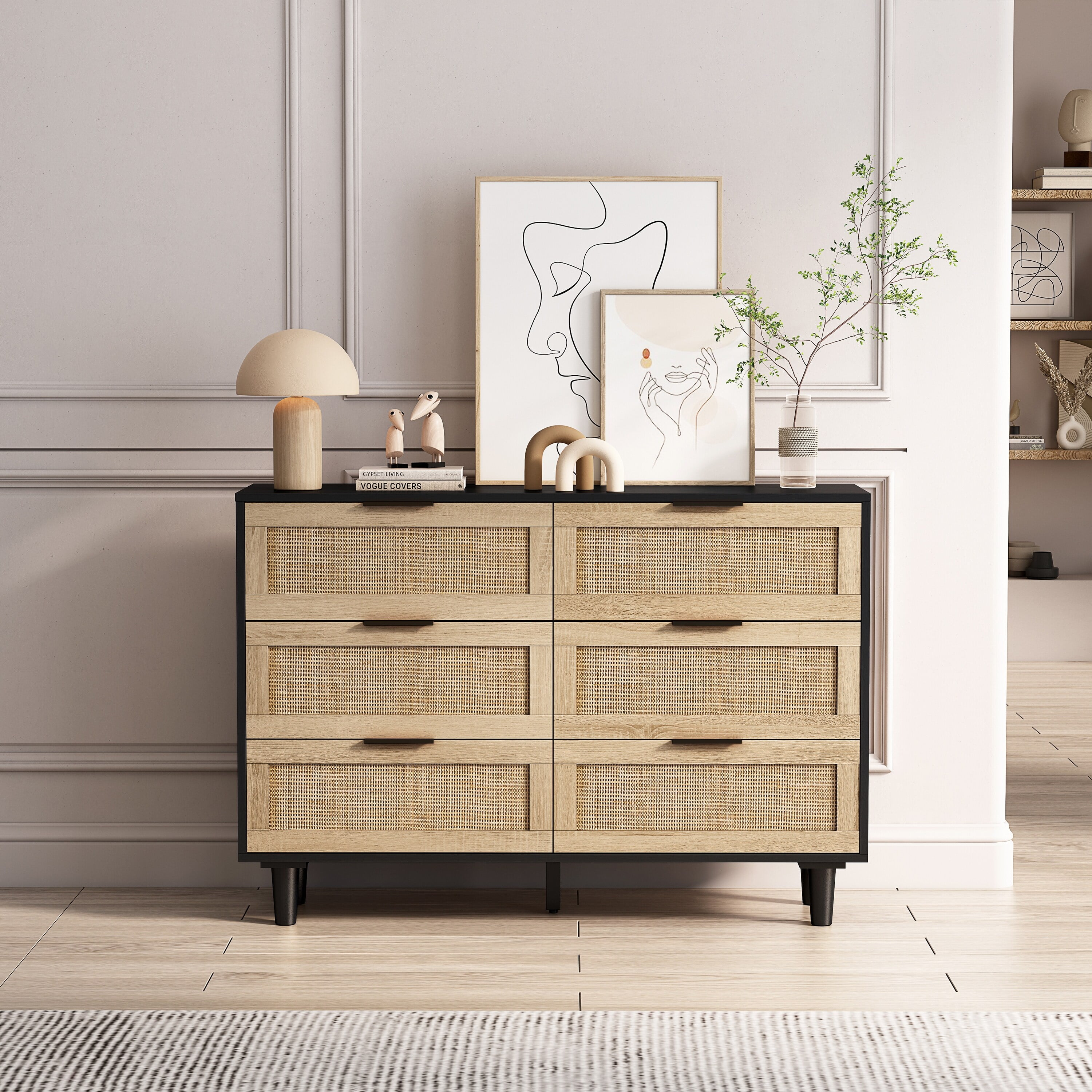 Black and Natural Rattan 43.31" 6-Drawer Dresser with Extra Deep Storage