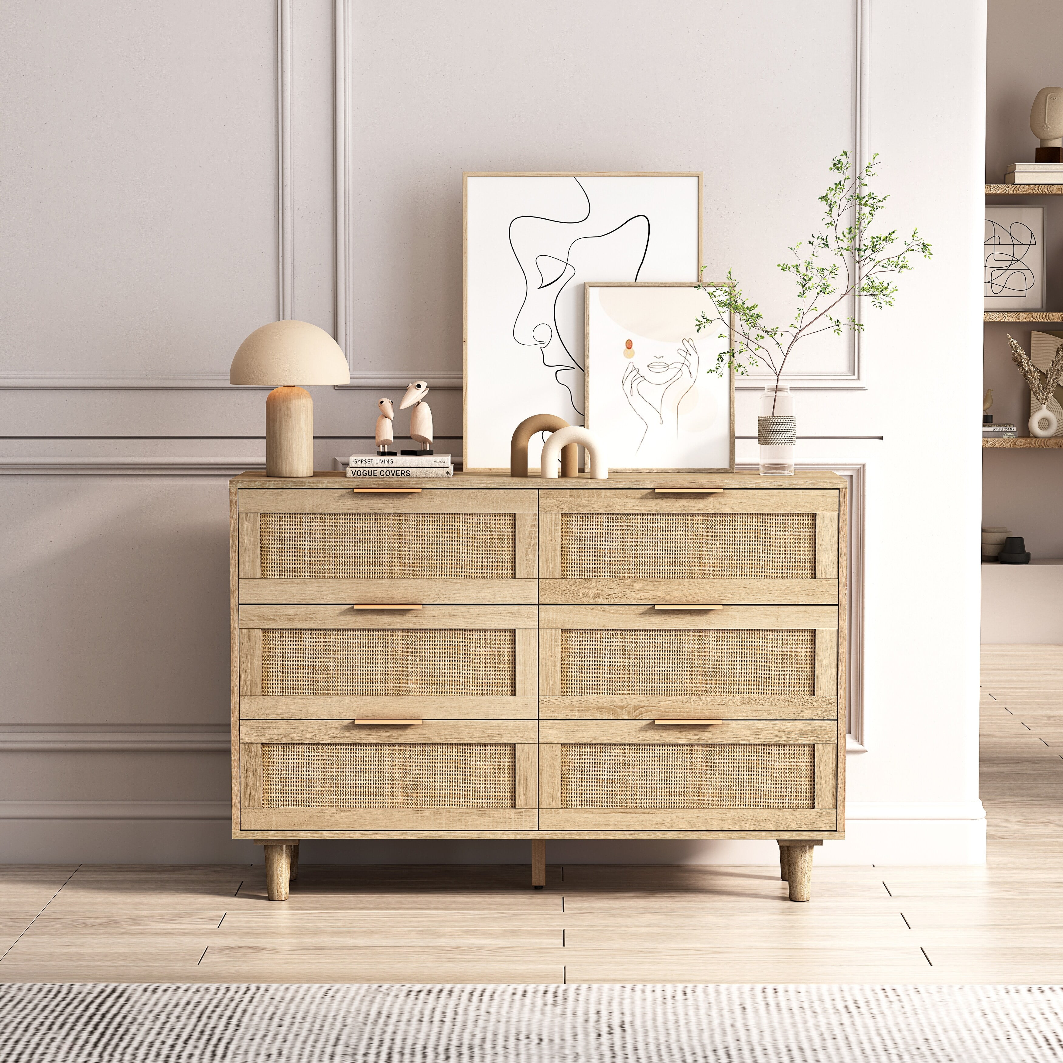 Natural Oak and Rattan 6-Drawer Storage Cabinet