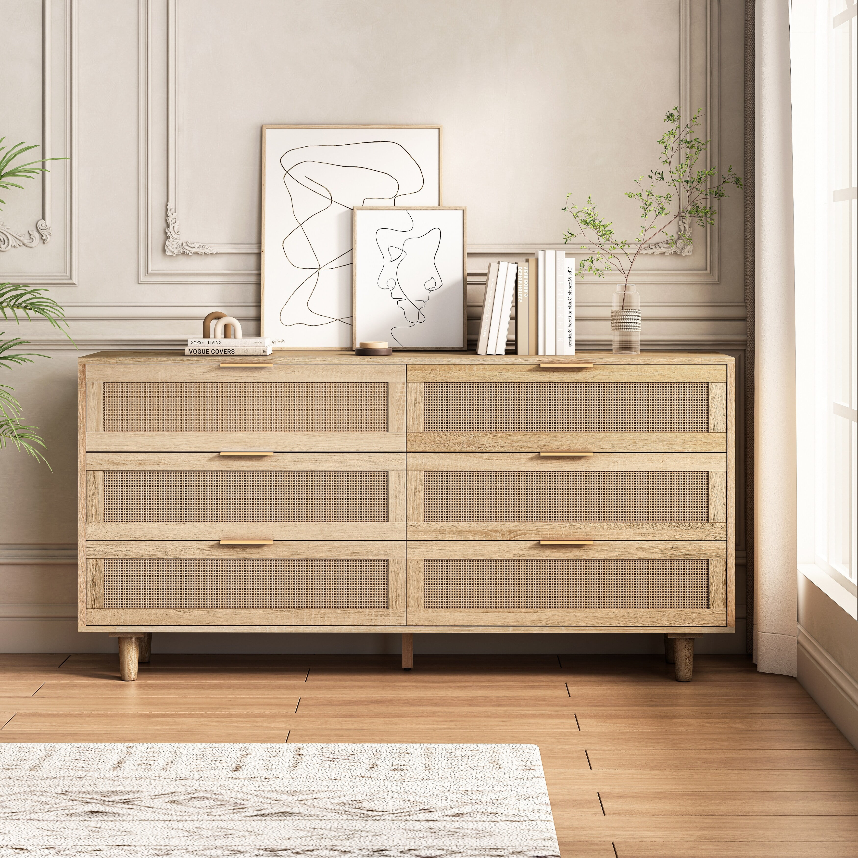 Natural Oak and Rattan 6-Drawer Storage Cabinet with Deep Drawers