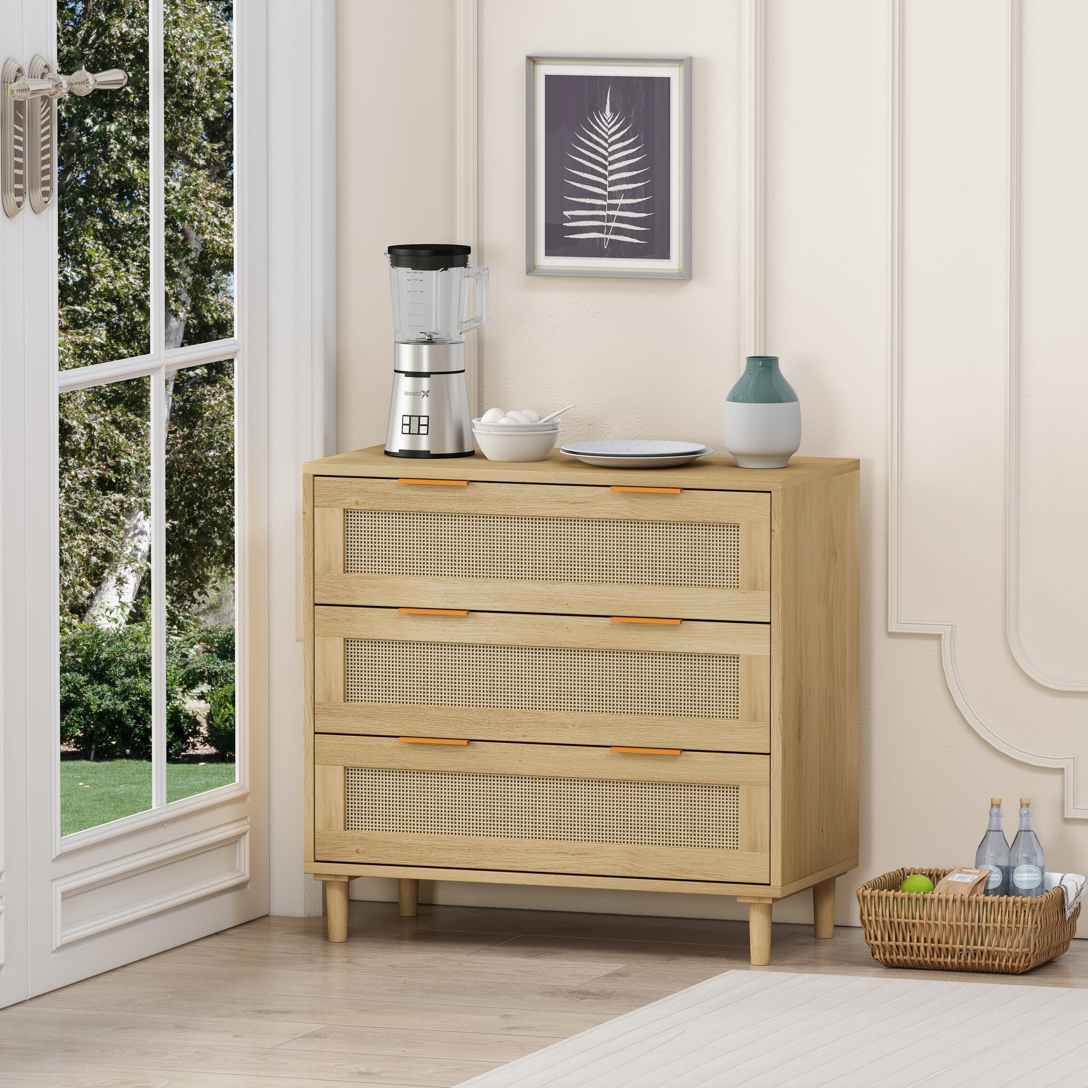 Natural Oak Rattan 3-Drawer Storage Cabinet with Deep Drawers