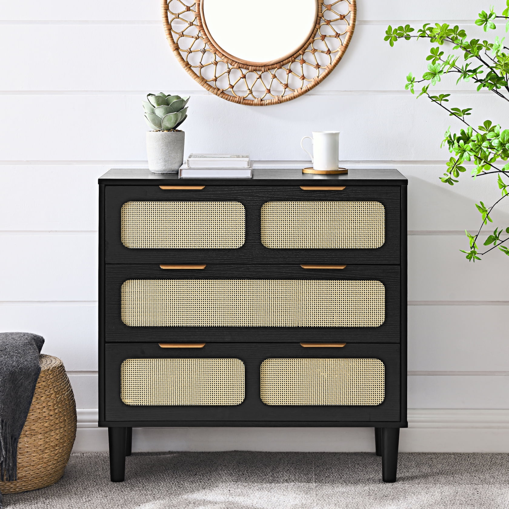 Rattan Dresser with 3 Wide Drawers, Modern Farmhouse 3 Drawer Dresser ...