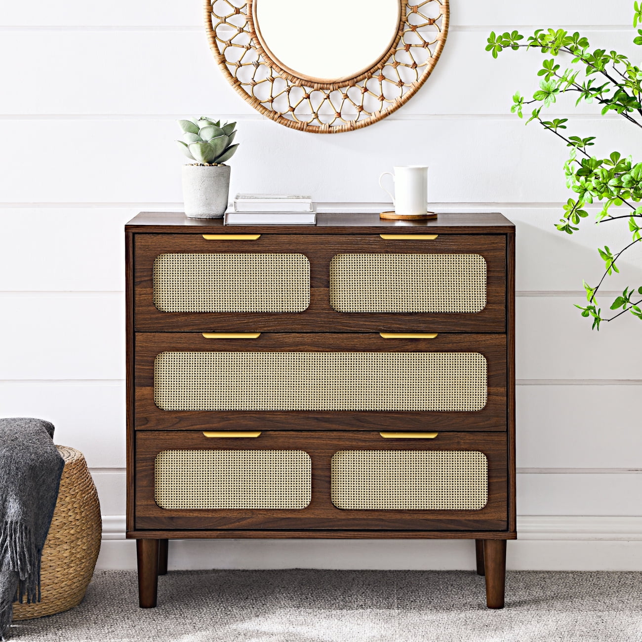 Rattan Dresser with 3 Wide Drawers, Modern Farmhouse 3 Drawer Dresser with Metal Handles, Wood ...