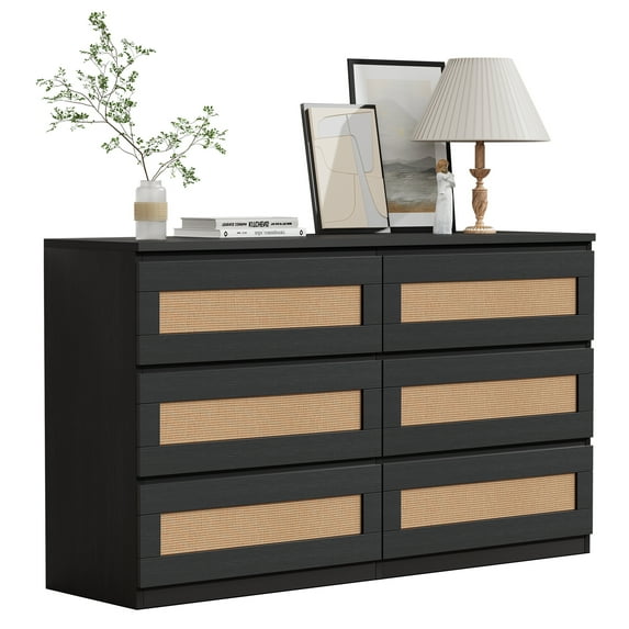 Rattan Dresser, 47 Inch TV Stand, Slim Chest of Drawers, 6-Drawer Freestanding Storage Cabinet for Small Space, Bedroom, Living Room