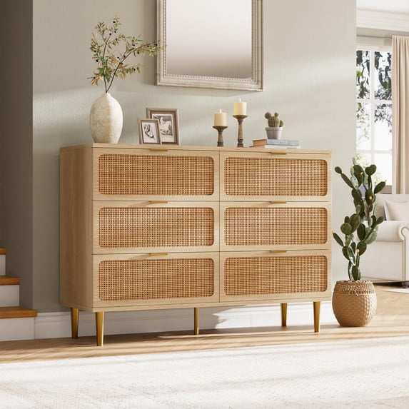 Rattan Dresser with 6 Deep Drawers, 47" Wide Long Chest of Drawers, Mid Century Modern Tall Dresser, Large Wood Boho Storage Cabinet for Bedroom with Handle and Durable Legs