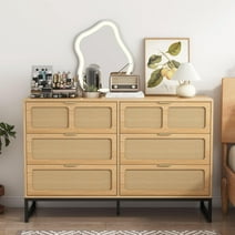 Rattan 6 Drawer Dresser Mid Century Modern Dresser Chest of Drawers Boho Farmhouse 6 Drawer Cabinet with Wide Drawers Metal Legs Storage Dressers Chest for Bedroom, Living Room