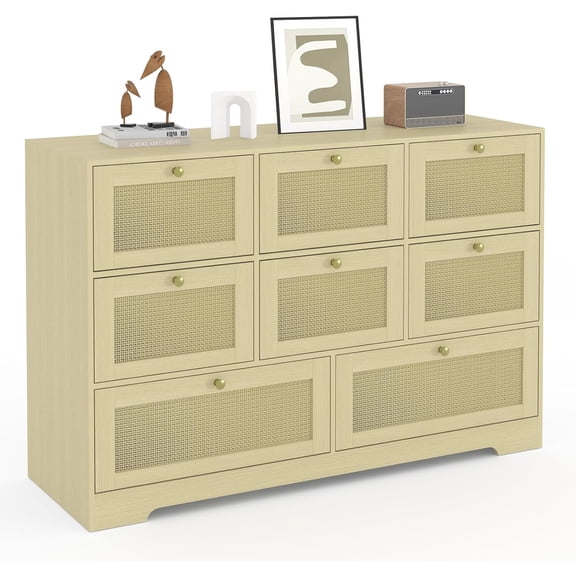 Rattan Dresser with 6 Drawers, Modern Boho Wooden Dresser for Bedroom Storage, Wicker Chest of Drawers with Metal Handles & Solid Wood Legs, Organizer for Living Room, Entryway, Bedroom Closet