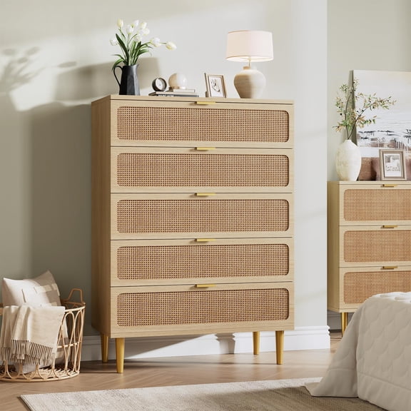 Rattan Dresser for Bedroom, 5 Drawer Dresser with Natural Rattan Drawers, Wooden Tall Cabinet with Gold Handles, Modern Closet Storage Chest of Drawers for Closet, Living Room and Entryway