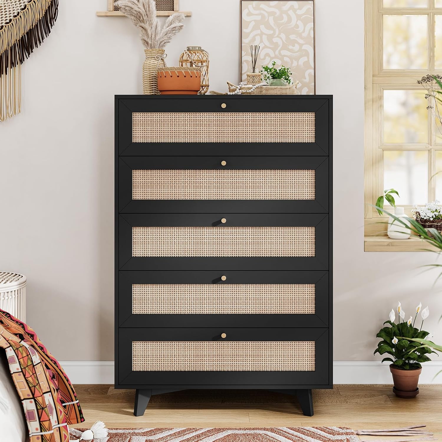 Rattan Dresser for Bedroom 5 Drawer Dresser with Natural Rattan Drawers ...