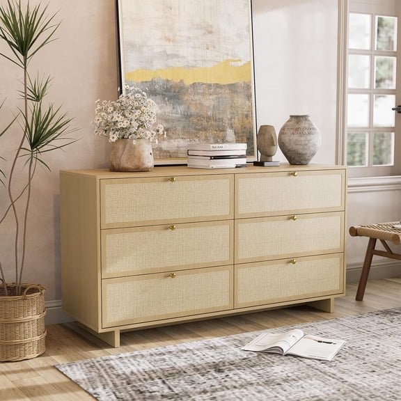 Rattan Dresser for Bedroom, 56.8" Wide 6 Drawer Dresser with Ample Storage, Dressers Large Chest of Drawers, Closet, Boho TV Stand for Bedroom Natural Oak