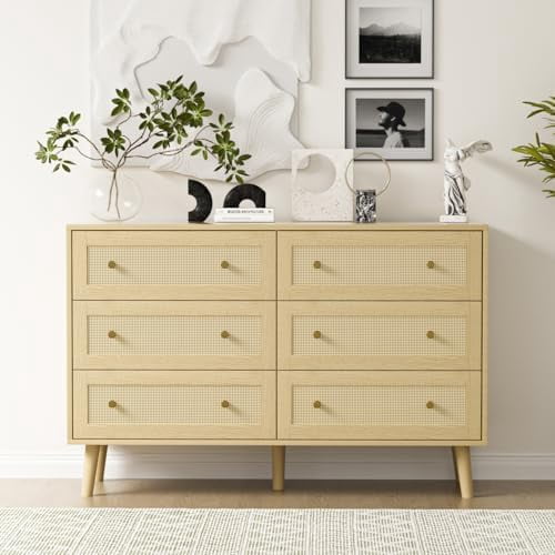 Rattan Dresser for Bedroom Boho 6 Drawer Dressers & Chest of Drawers with Storage and Metal ...