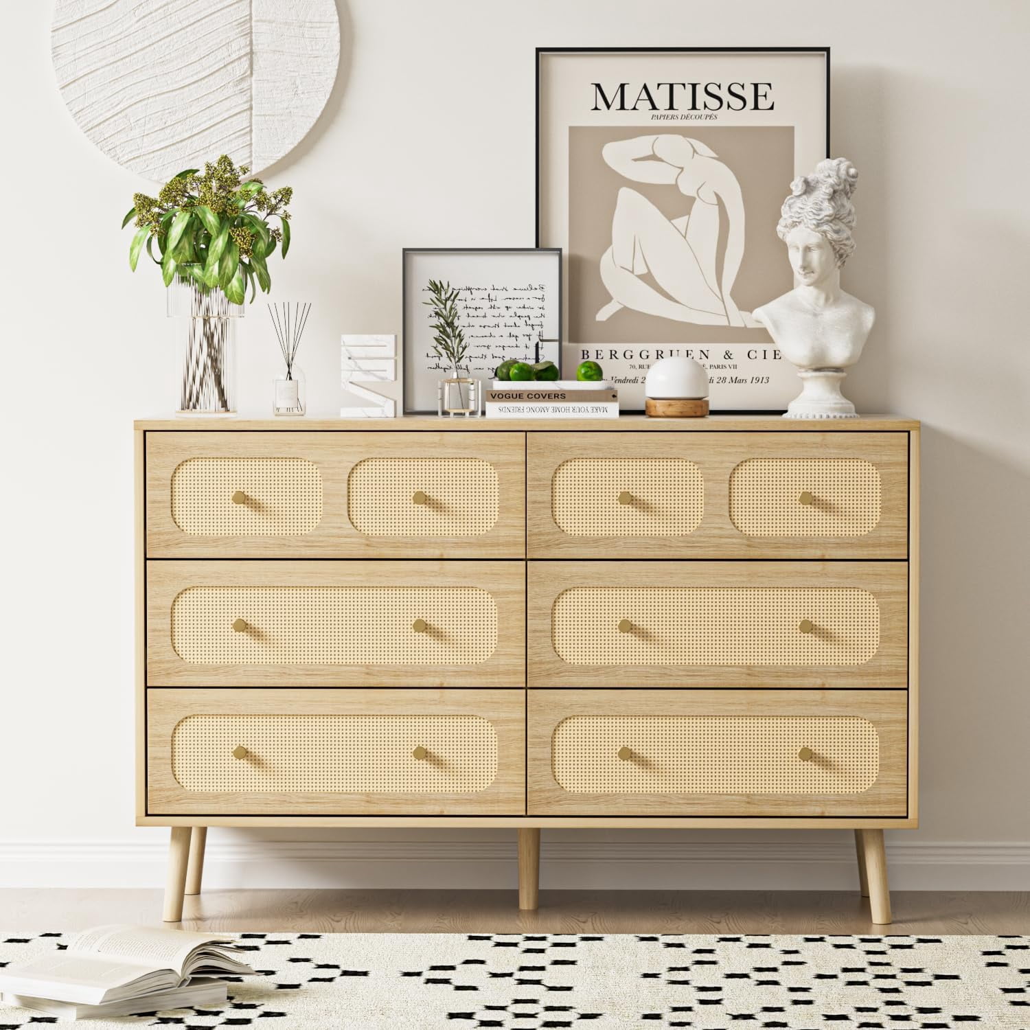 Rattan Dresser for Bedroom Boho 6 Drawer Dressers & Chest of Drawers with Storage and Metal ...