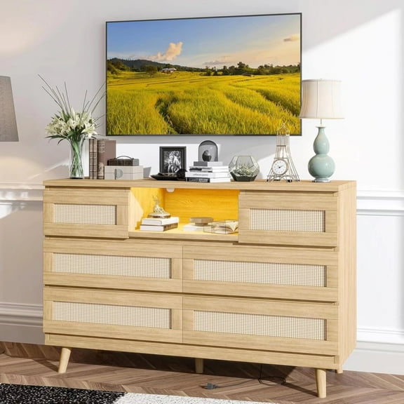 Rattan Dresser for Bedroom with LED Light and Charging Station, Wide Storage Chest of Drawers Dresser with 6 Drawer, for Living Room, Hallway, Natural