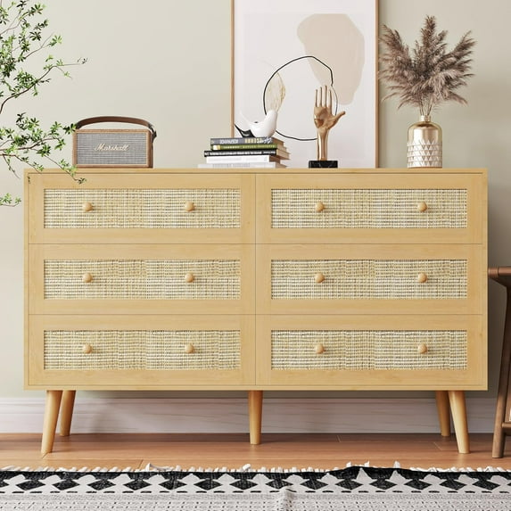 Rattan Dresser for Bedroom, Modern 6 Drawer Dressers & Chest of Drawers, Natural Boho Dresser with Handles Wood Storage Organizer Modern Dressers for Closet, Hallway, Office