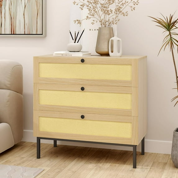 Rattan Dresser, Boho Dresser with 3 Drawers, Modern Dressers with Iron Legs, Wooden Dressers for Bedroom, Hallway, Office, Yellow