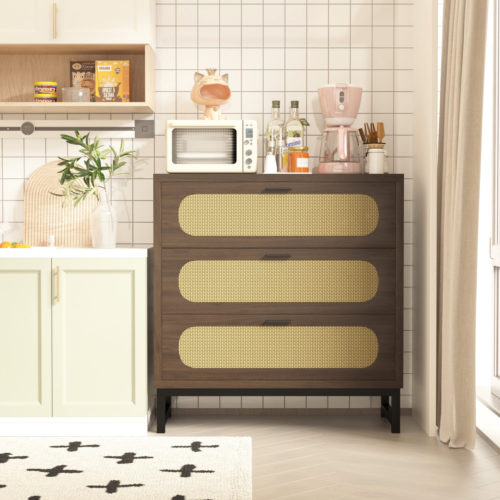 Rattan Dresser Modern 3-Drawer Storage Cabinet Farmhouse Wood Storage ...