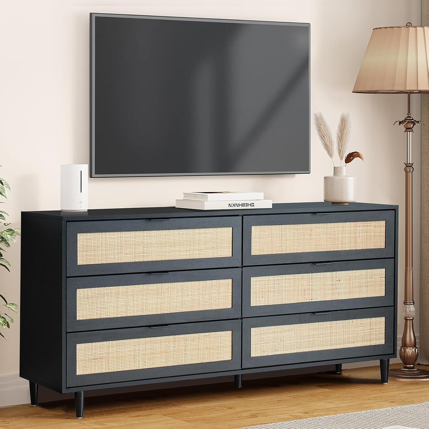 Rattan Dresser TV Stand for Bedroom with 6 Drawers 59.06'' Long Dresser ...